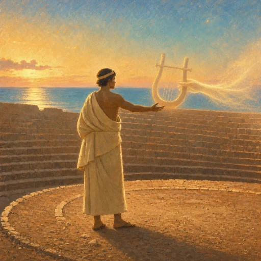 Thamyris reaching toward an ethereal lyre in a sunlit amphitheatre.